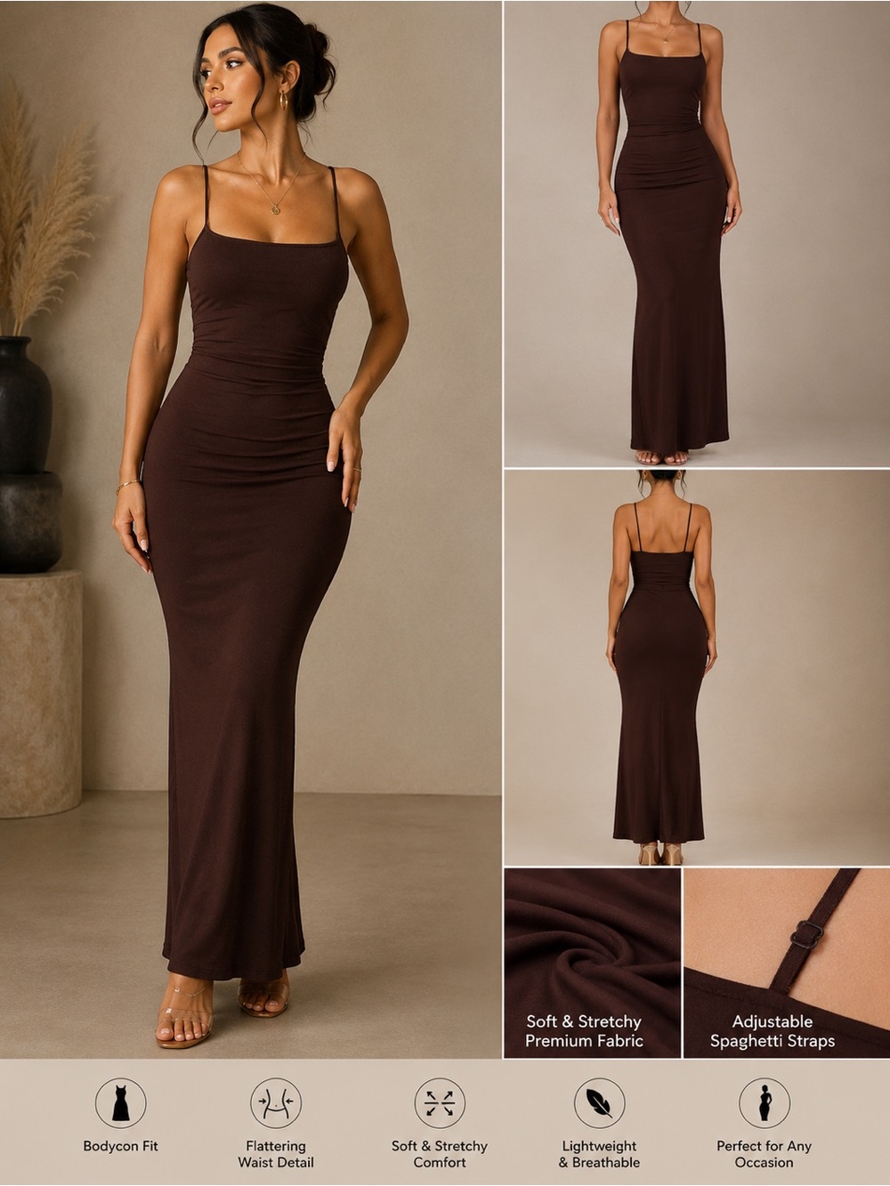 Women’s Brown Spaghetti-Strap Bodycon Maxi Dress